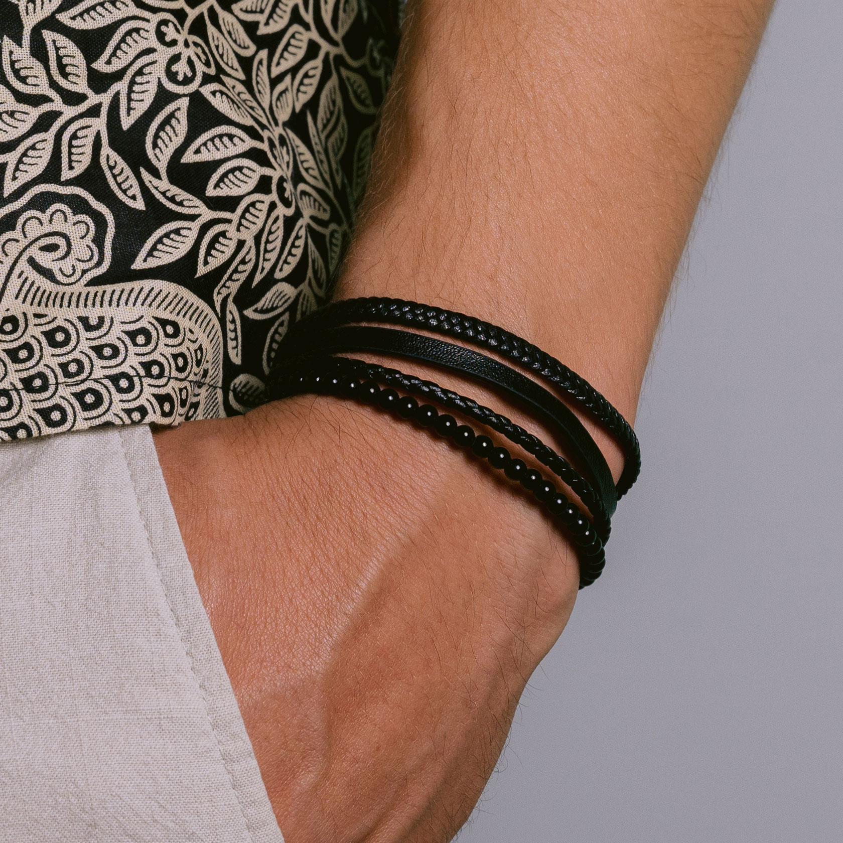 Black Bracelet Men's Braided Leather Bangle Stainless Steel Cuff Wristband  | eBay